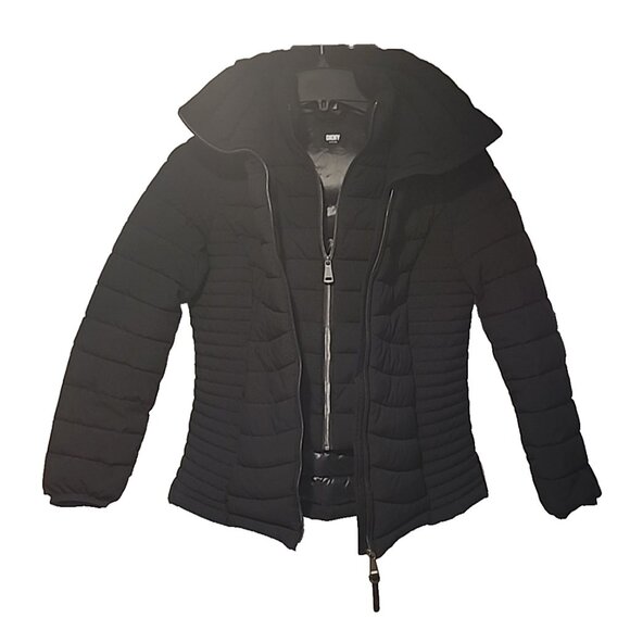 DKNY size SMALL Bib Front Puffer winter Jacket Womens Black coat with hood - Picture 3 of 12
